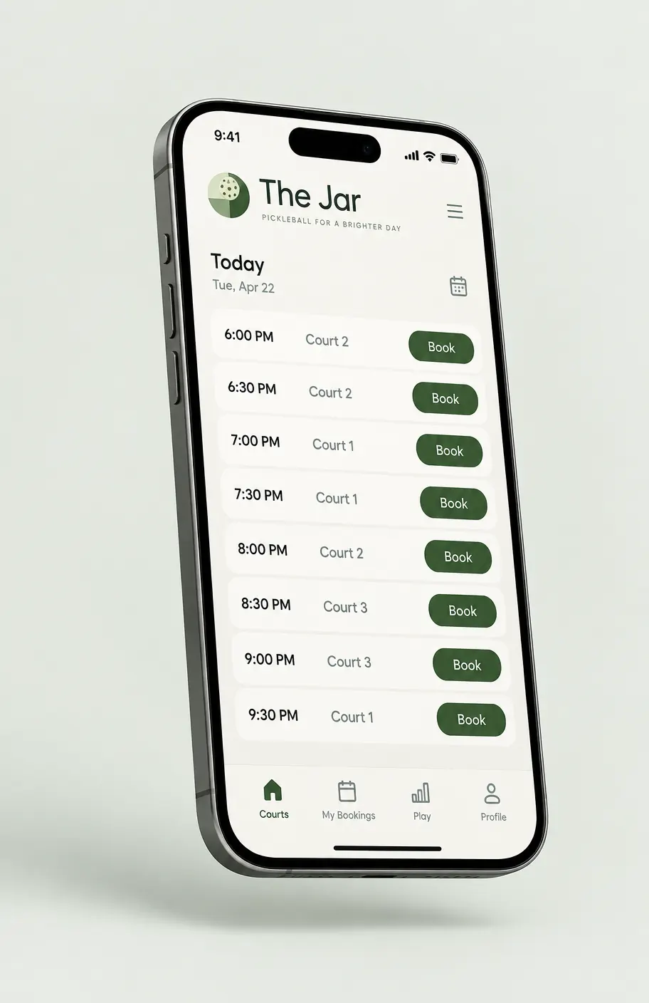 The Jar app showing today's available court times with Book buttons